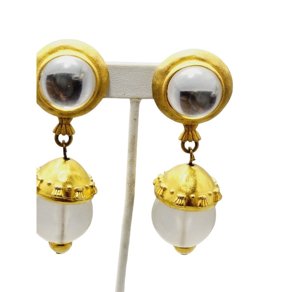 Vintage 80s Runway Couture Huge Lucite Matte Gold Earrings (A742)